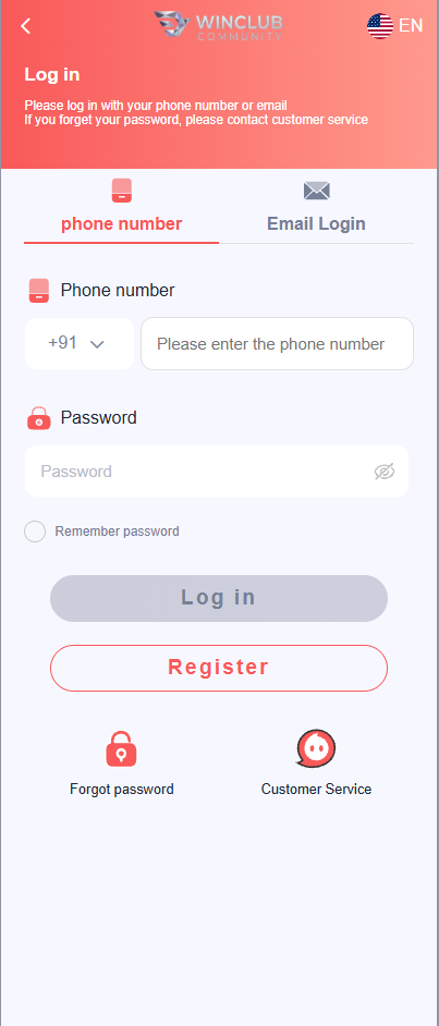 Win Club Login Screen